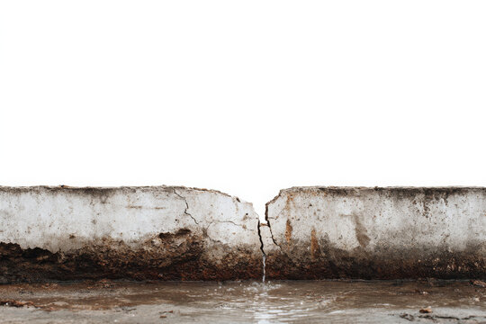 Cracked levee wall shows water trickling, concerning structural failure