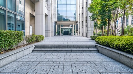 Modern office building exterior with paved walkway and landscaping