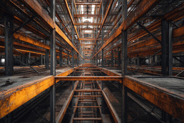 Vast industrial warehouse interior features metal shelving, empty and abandoned, reflecting
