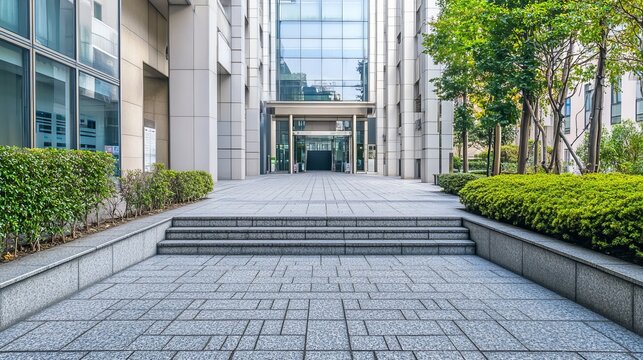 Modern office building exterior with paved walkway and landscaping - Powered by Adobe