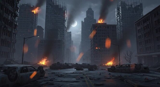 Cinematic city ruins with burning building fire and dramatic glowing night atmosphere
Seamless looping, virtual video animation background. Generated AI	