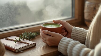Cozy Moment with Matcha Tea by the Window