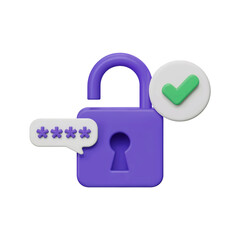 3D Unlocked Padlock with Password Entry and Verification Checkmark Symbolizing Secure Access 
