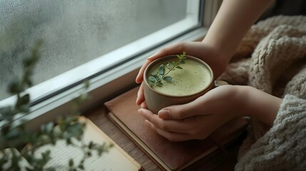 Warm Matcha Tea with Eucalyptus Garnish by the Window