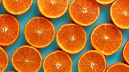A vibrant flat lay of fresh orange halves arranged neatly on a bright turquoise background, showcasing their juicy, radiant pulp and natural symmetry.