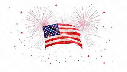 American flag with fireworks and confetti on a white background