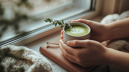 Matcha Latte with Leaf Garnish – Cozy Window Moment
