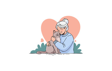 Pet Lover Grandma Hugging Cat – Heartwarming Animal Friendship Illustration