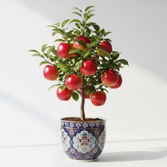Small apple tree with red apples in decorative pot isolated on white background