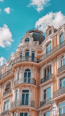 Obraz premium Ornate pastel-colored building facade, detailed architecture with ornate balconies and windows against a vibrant sky