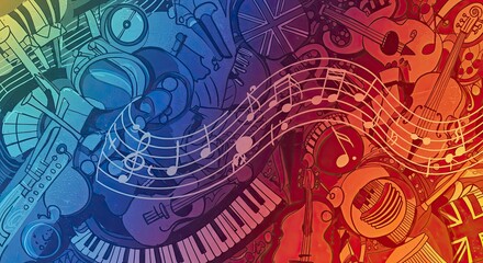 Vibrant Musical Collage: A Symphony of Instruments and Notes