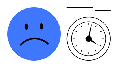 Blue sad face paired with clock showing passing time, symbolizing stress, dissatisfaction, and urgency. Ideal for emotions, mental health, time management, stress, anxiety deadlines simple flat