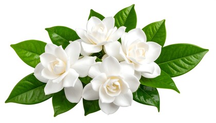 Obraz premium White Gardenias, Leaves, Arrangement, Isolated