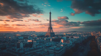 Obraz premium Parisian skyline at sunset, Eiffel Tower prominent