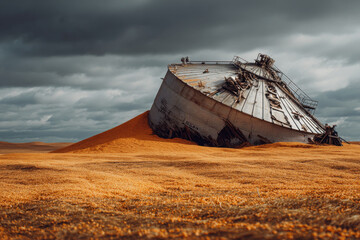 Damaged grain silo lays tipped over barren field dark, stormy sky, revealing devastating