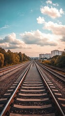 Fototapeta premium Railroad tracks extending into a city skyline under a vibrant sky