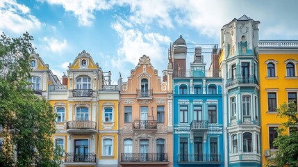 Fototapeta premium Row of colorful historic buildings under a partly cloudy sky