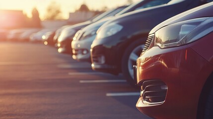 Naklejka premium Row of parked cars at sunset