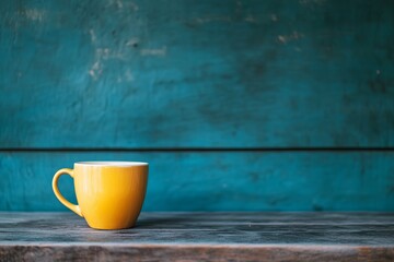 Single yellow mug on rustic wooden surface against teal wall