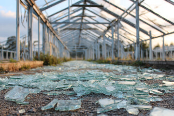 Shattered glass litters ground of ruined greenhouse, evoking sense of decay and forgotten past