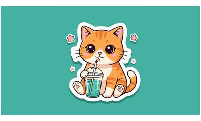 Adorable Orange Tabby Cat Sticker with a Drink