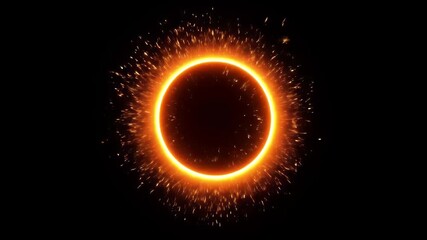 A ring of bright orange light with fiery sparks around it against a black background