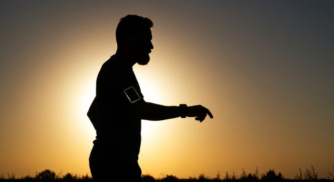 Silhouette of a man jogging with smartphone and smartwatch against golden sky