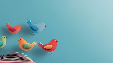 Continuous learning and growth concept with vibrant wooden birds flying from an open book on serene blue background