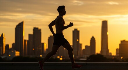 Fototapeta premium Silhouette of a man running against a cityscape at sunset, fitness and urban lifestyle, health and wellness concept