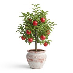 Small apple tree with ripe red apples in a decorative pot isolated on white background