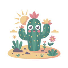 Naklejka premium Cute Cartoonish Style Happy Cactus Plant with Flower Illustration Design