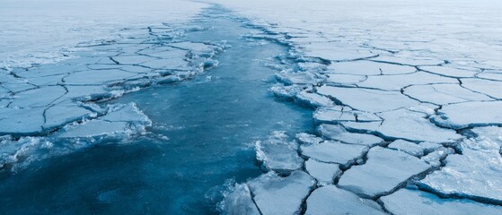 Naklejka premium A vast expanse of fractured ice reveals a channel of dark blue water flowing through the broken surface.