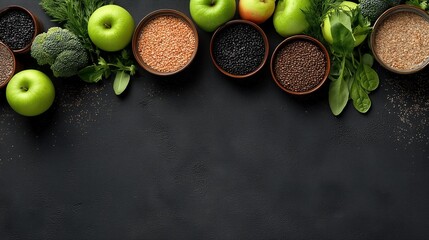 Fresh vegetables and fruits flat lay featuring carrots, broccoli, green apples, carob beans, spinach leaves, black quinoa seeds, and mint leaves arranged on the right, with clean copy space at top lef