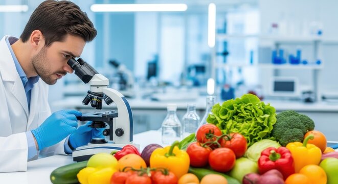 Scientist examining fresh produce under a microscope in a laboratory setting