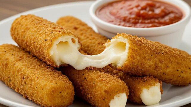 Crispy fried mozzarella sticks with stringy melted cheese and marinara sauce in a white bowl on a white plate