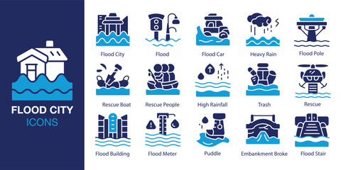 Flood City icon set. Containingflood, water, rain, disaster, city , and more. Solid vector icons collection. Vector illustration.