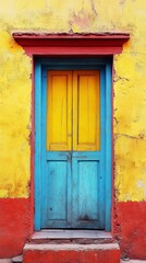 Vibrant yellow and red wall with a bright blue door