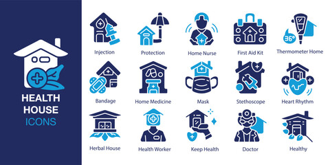 Obraz premium Health House icon set. Containing house, home, health, care, medical, and more. Solid vector icons collection. Vector illustration.