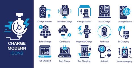 Charge Modern icon set. Containing charger, electricity, modern, power, and more. Solid vector icons collection. Vector illustration.
