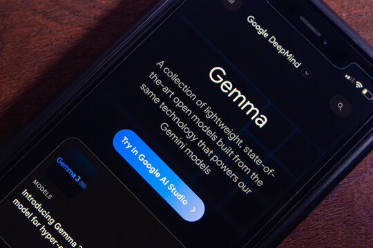 Mexico City, MEXICO - Aug 26 2025 : Close-up of a smartphone screen displaying the Google DeepMind Gemma AI model page, showcasing AI technology.