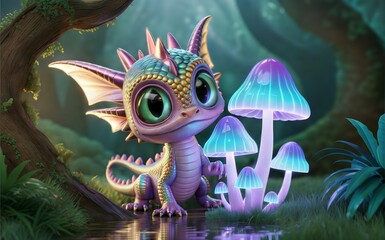 Adorable Baby Dragon with Glowing Mushrooms by Water, Magical Forest Scene, Little Dragon in a Shimmering Glade.