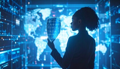 Woman analyzing digital data shield against global map, future technology interface