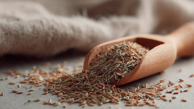 Aromatic cumin seeds rest in small wooden scoop, ready for flavorful cooking