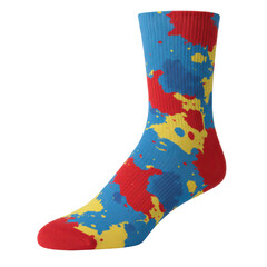 Colorful sock with abstract paint splatters in red yellow and blue isolated on white background
