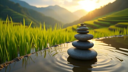 Obraz premium Balanced Zen Stones in Natural Landscapes Symbolizing Mindfulness, Harmony, Meditation, and Spiritual Calmness Worldwide