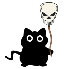 Cartoon Witch black cat Skull Staff Emerging from the Darkness