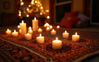 Warm candlelight on ornate traditional Persian rug in cozy atmosphere, symbolizing Yalda Night. High quality