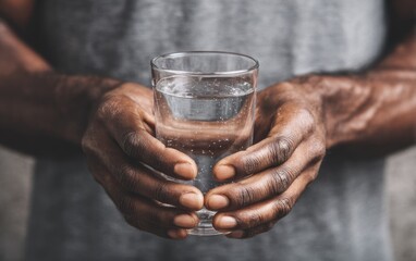 Close-up view of dark-skinned hands holding a glass of water, showcasing textured skin and a simple, neutral backdrop.