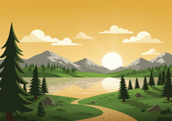 Obraz premium Flat vector illustration of a serene mountain sunrise, with green hills, a winding dirt path, pine trees, a calm lake reflection, and a warm golden sky with fluffy clouds.