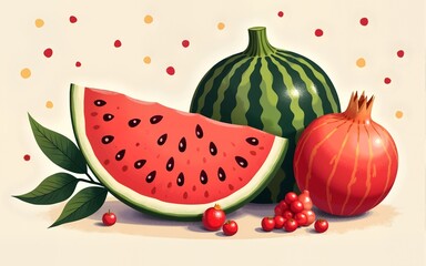 Yalda Festival Watermelon and Pomegranate Illustration Design. High quality